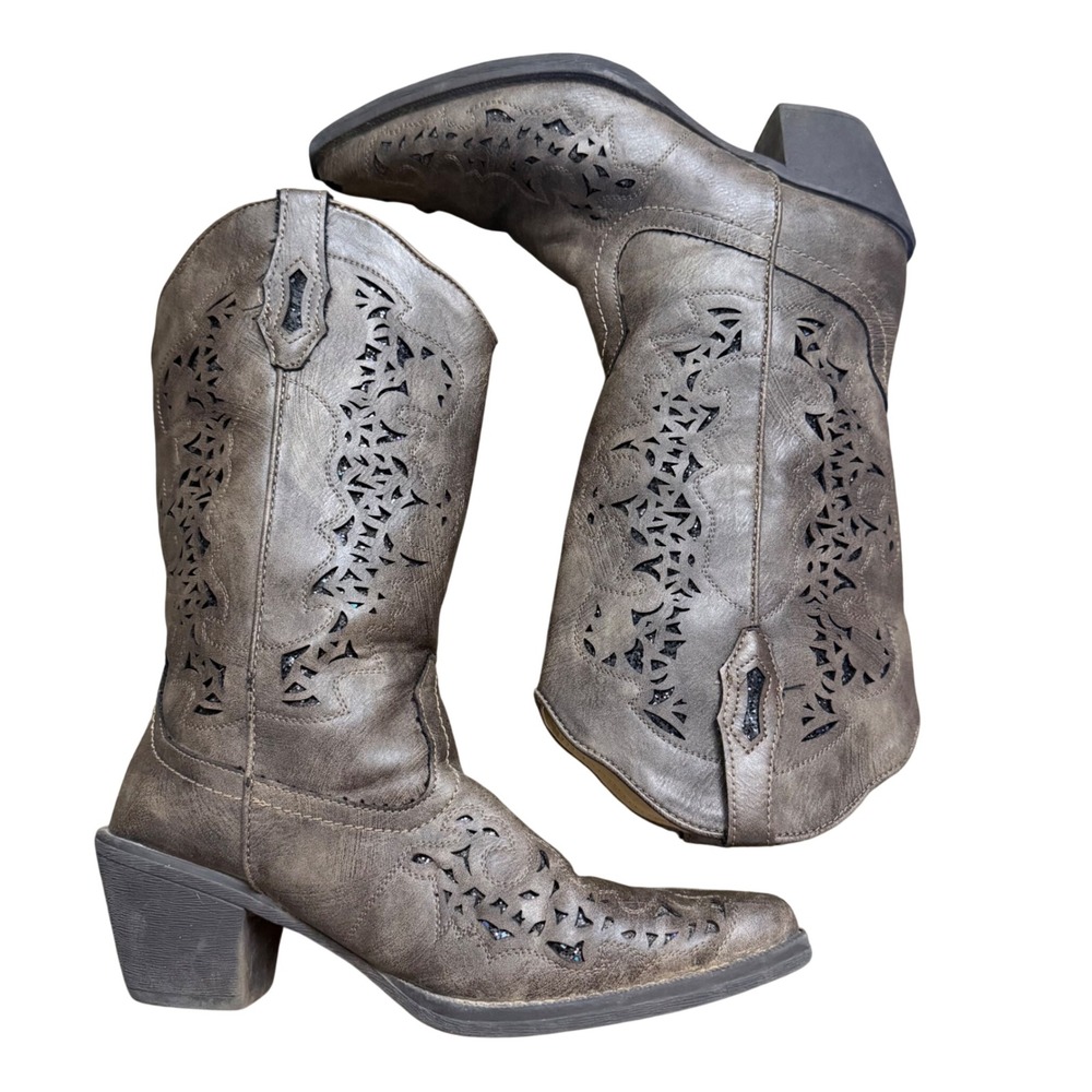 Roper Womens Brown Laser Cut Western Cowboy Boots Pointed Toe 09-021-1556-1020